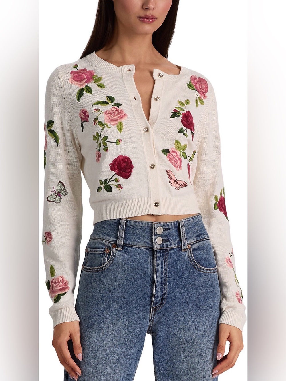 Alice + Olivia Dollie Crewneck Cardigan Sweater in Garden Gossip Off White